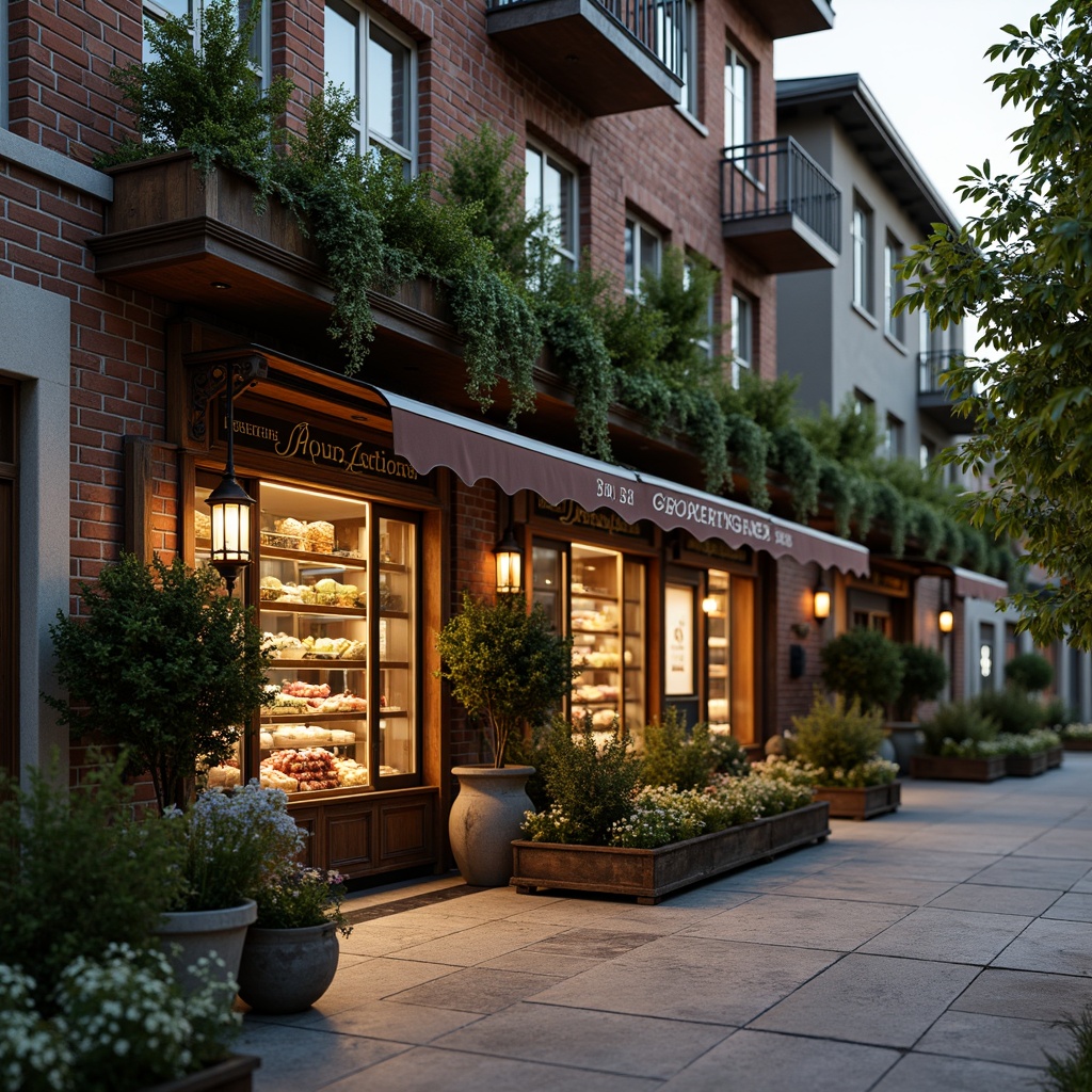 Prompt: Whimsical grocery store fa\u00e7ade, distressed brick walls, ornate wooden accents, vintage metal signage, soft warm lighting, lush greenery, overflowing flower boxes, rustic stone pavement, curved awnings, decorative ironwork, charming entrance archways, classic lanterns, cozy atmosphere, inviting storefront windows, nostalgic color palette, shallow depth of field, 1/1 composition, realistic textures, ambient occlusion.