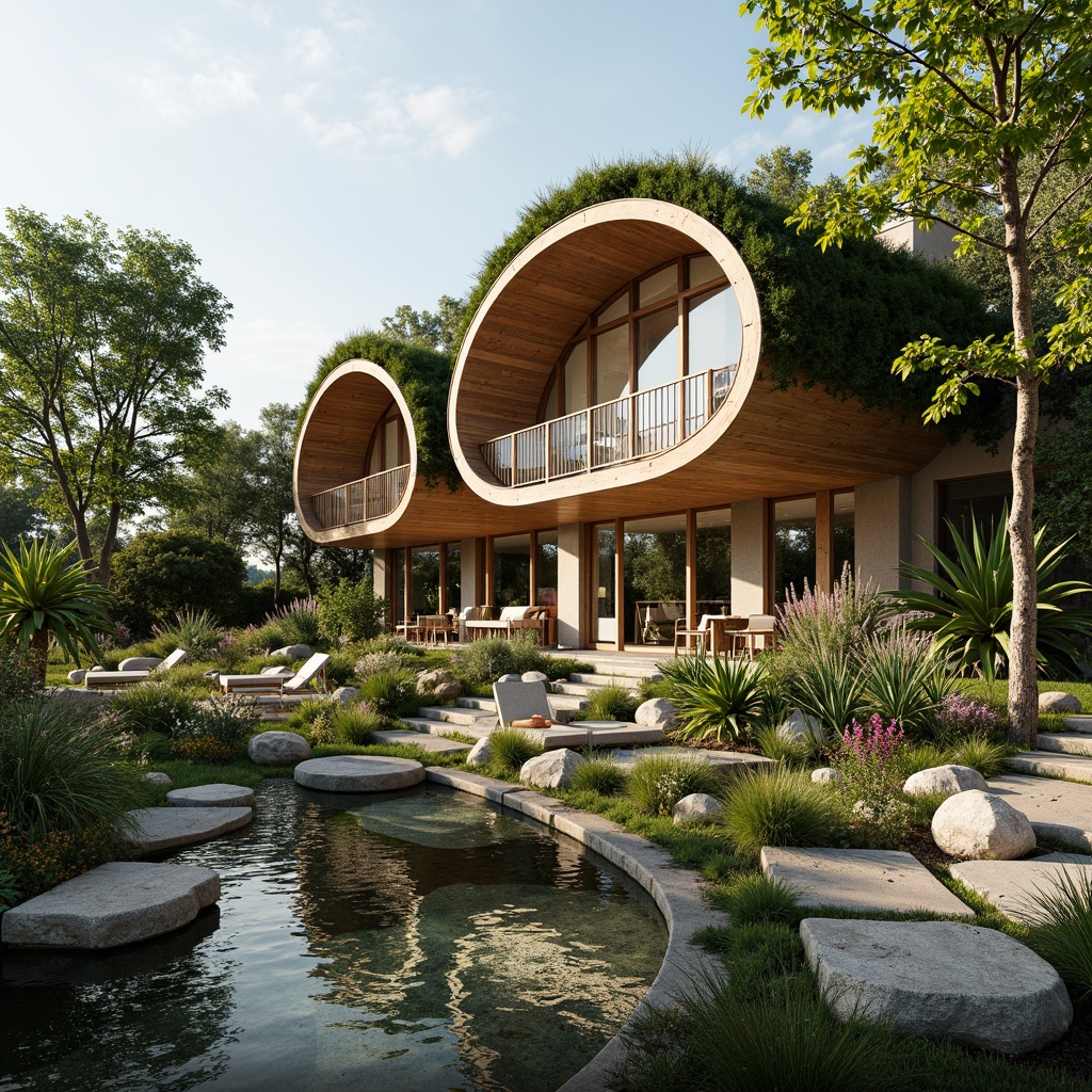 Prompt: Organic villa, curved lines, natural materials, reclaimed wood accents, bamboo flooring, earthy color palette, lush green roofs, living walls, solar panels, rainwater harvesting systems, organic gardens, serene water features, tranquil outdoor spaces, soft warm lighting, shallow depth of field, 3/4 composition, panoramic view, realistic textures, ambient occlusion.