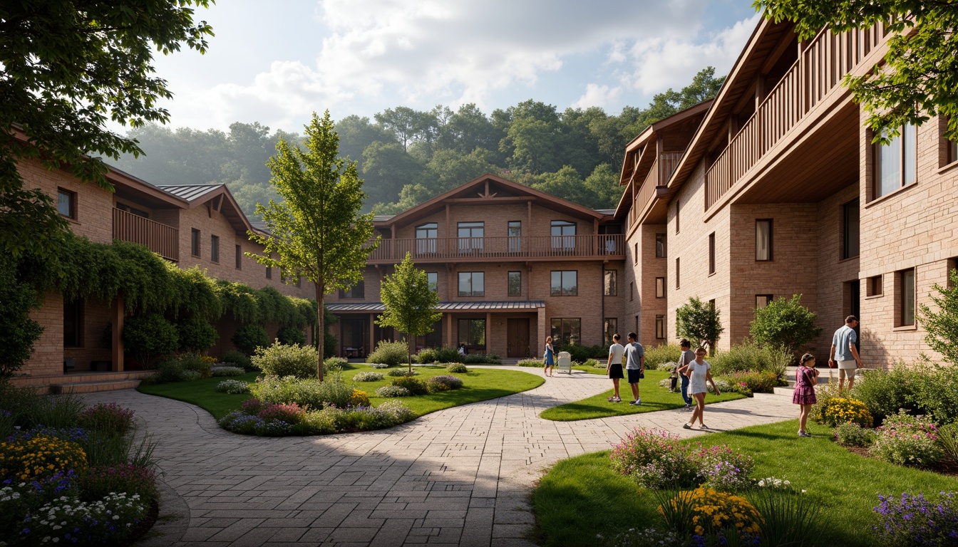 Prompt: Rustic student hall, earthy tones, natural stone walls, wooden accents, sloping rooflines, cozy courtyards, lush greenery, vibrant flowers, meandering pathways, regional architecture, folk-inspired ornaments, warm soft lighting, shallow depth of field, 3/4 composition, panoramic view, realistic textures, ambient occlusion.