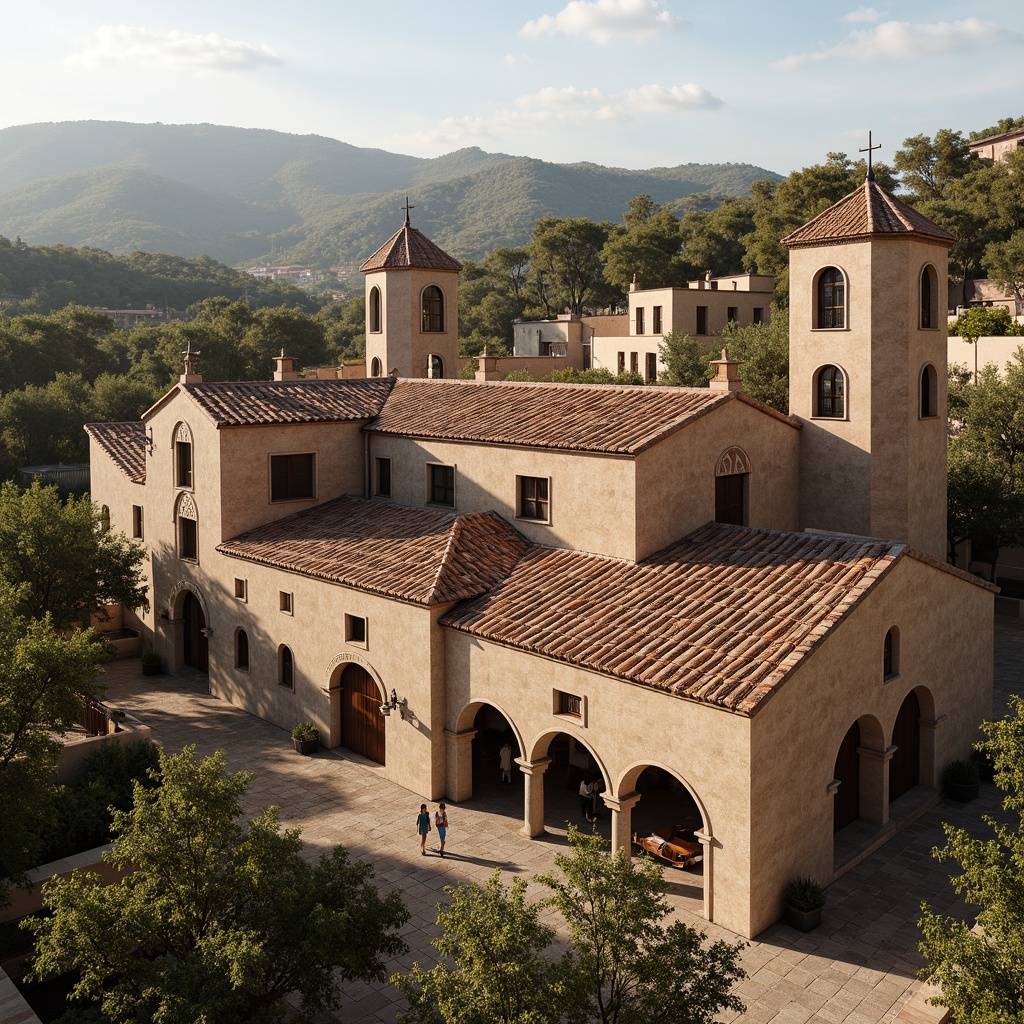 Prompt: Ancient Roman-inspired roof design, terracotta tiles, curved arches, ornate carvings, grandiose bell towers, stone walls, rustic stucco finish, Mediterranean landscape, olive groves, rolling hills, warm sunny day, soft natural lighting, 1/1 composition, dramatic shadows, realistic textures, ambient occlusion.