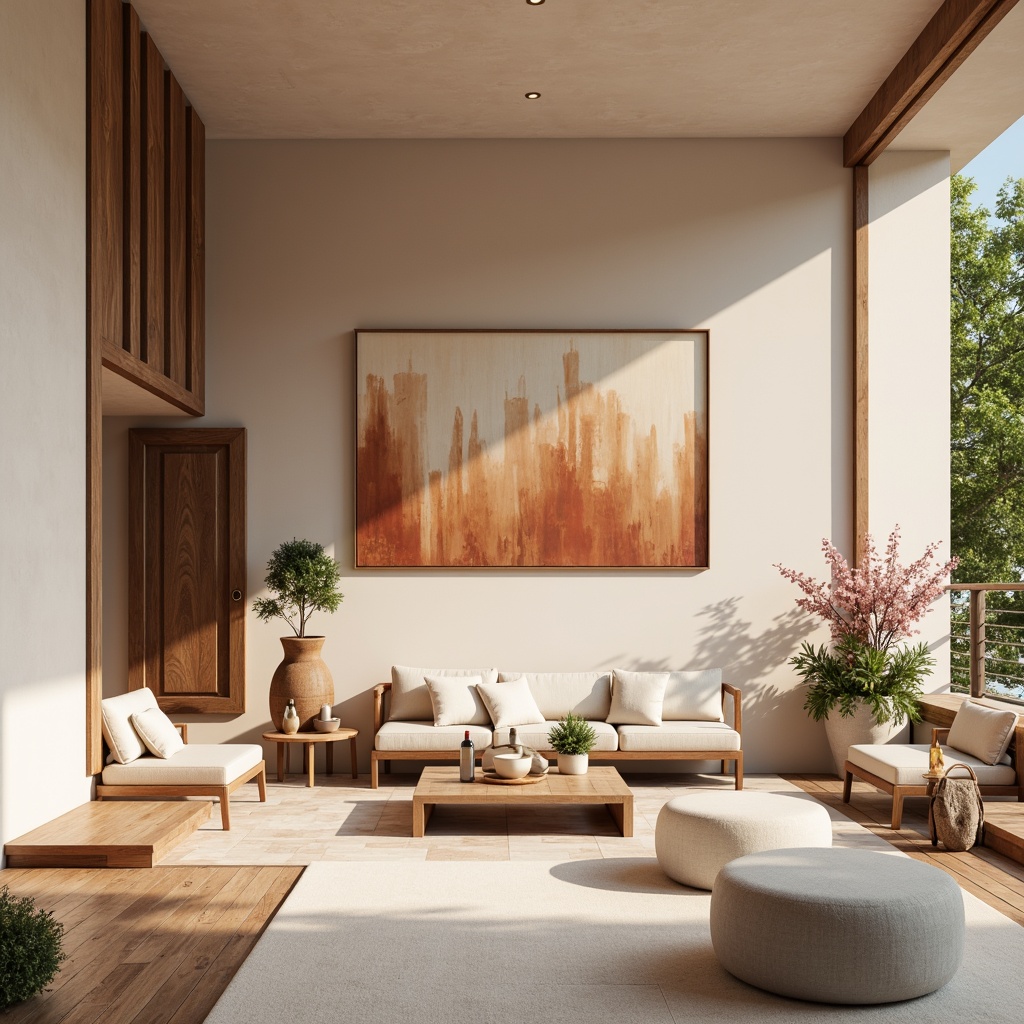 Prompt: Soft peach tones, creamy whites, warm beige, rich walnut wood accents, subtle gold metallic highlights, natural linen textures, earthy terracotta hues, calming blue undertones, serene greenery, blooming florals, gentle warm lighting, shallow depth of field, 1/1 composition, realistic renderings, ambient occlusion.