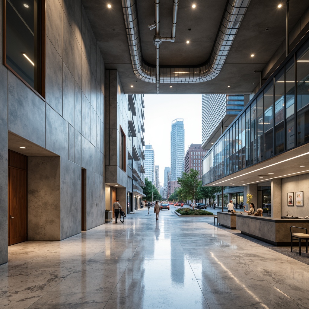 Prompt: Polished marble floors, smooth concrete walls, reflective glass facades, metallic accents, minimalist decor, open floor plans, high ceilings, industrial pipes, exposed ductwork, urban cityscape, busy streets, modern skyscrapers, neutral color palette, sleek lines, rectangular forms, functional simplicity, abundant natural light, 1/1 composition, dramatic shadows, soft focus, ambient lighting.