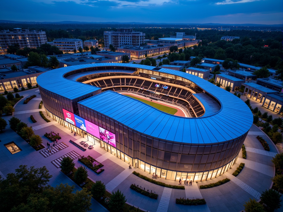 Prompt: Curved stadium fa\u00e7ade, dynamic LED lighting, sleek metal cladding, angular lines, modernist architecture, grand entrance gates, cantilevered rooflines, vast open concourses, polished concrete floors, futuristic scoreboards, vibrant neon signage, retractable roofs, green roofs, sustainable materials, innovative ventilation systems, shaded outdoor spaces, misting systems, minimalist design, bold color schemes, geometric patterns, abstract sculptures, panoramic views, shallow depth of field, 3/4 composition, realistic textures, ambient occlusion.