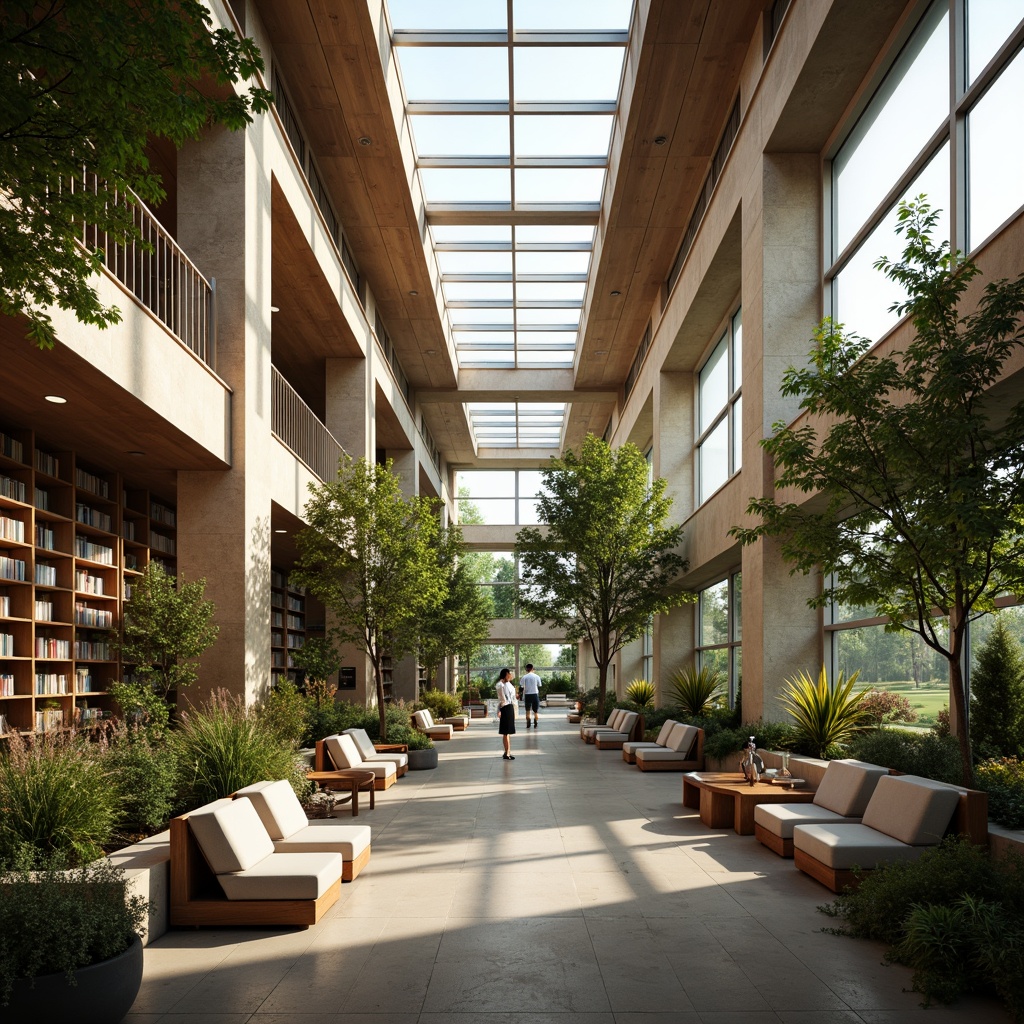 Prompt: Spacious library interior, high ceilings, large windows, clerestory windows, skylights, translucent roofs, natural stone walls, wooden shelves, cozy reading nooks, comfortable seating areas, abundant greenery, vibrant plants, soft warm lighting, gentle shadows, 1/1 composition, realistic textures, ambient occlusion, peaceful atmosphere, modern minimalist design, eco-friendly materials, sustainable architecture.