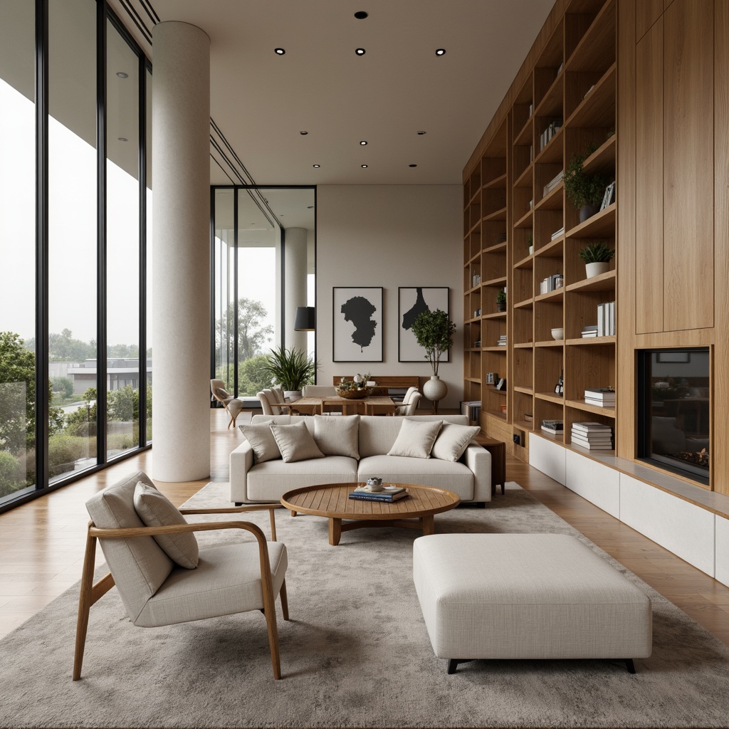 Prompt: Minimalist living room, sleek low-profile furniture, floor-to-ceiling windows, neutral color palette, reflective surfaces, hidden storage compartments, space-saving shelving units, multi-functional decor pieces, cleverly concealed electrical outlets, ambient soft lighting, 1/1 composition, shallow depth of field, realistic textures, cozy atmosphere, warm beige tones, subtle wood accents.