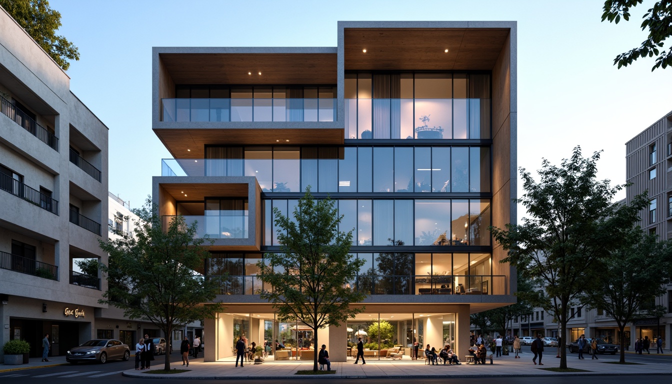 Prompt: Geometric office facade, rectangular forms, clean lines, minimal ornamentation, industrial materials, exposed ductwork, steel frames, large glass windows, functional simplicity, urban cityscape, busy street scene, modernist architecture, bold color accents, asymmetrical compositions, dynamic light reflections, high-contrast shading, 1/2 composition, dramatic shadows, realistic textures, subtle ambient occlusion.