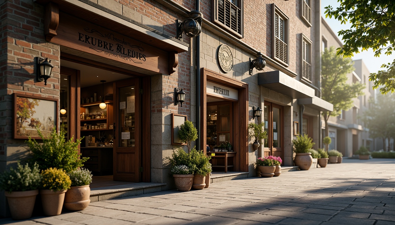 Prompt: Rustic grocery store fa\u00e7ade, distressed brick walls, ornate metal decorations, vintage signage, charming street lamps, quaint storefronts, soft warm lighting, gentle shadows, classic French doors, wooden shutters, flower-filled window boxes, lush greenery, natural stone pavement, cobblestone streets, misty morning atmosphere, shallow depth of field, 1/1 composition, romantic ambiance, nostalgic feeling, realistic textures, ambient occlusion.