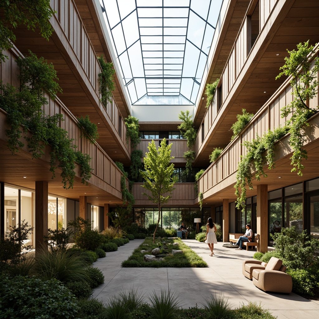 Prompt: Eco-friendly building, reclaimed wood facades, living green walls, recycled metal roofs, solar panels, wind turbines, rainwater harvesting systems, natural ventilation, bamboo flooring, low-VOC paints, FSC-certified lumber, insulated glass windows, earthy color palette, organic textures, minimalist design, open floor plans, airy atriums, clerestory windows, soft diffused lighting, warm ambient atmosphere, shallow depth of field, 1/1 composition, realistic renderings.