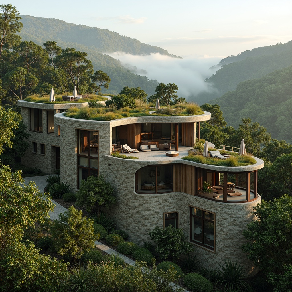 Prompt: Eco-friendly villa, organic curves, green roofs, living walls, recycled materials, natural stone foundations, wooden accents, large windows, minimal ornamentation, earthy color palette, lush greenery, surrounding forest, misty morning, soft warm lighting, shallow depth of field, 3/4 composition, panoramic view, realistic textures, ambient occlusion.