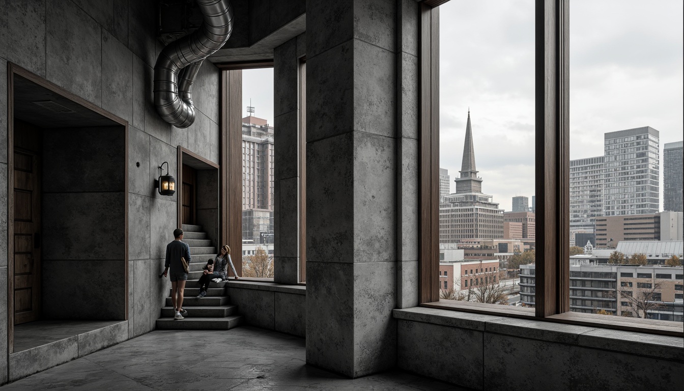 Prompt: Raw concrete walls, exposed ductwork, industrial pipes, metallic beams, fortress-like structures, brutalist monuments, geometric shapes, angular lines, rugged textures, cold monochromatic colors, dramatic shadows, harsh lighting, urban cityscape, metropolitan backdrop, busy streets, abstract compositions, high-contrast imagery, gritty realistic renderings.