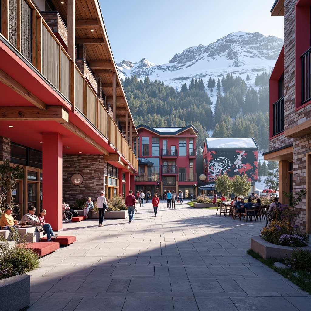 Prompt: Vibrant ski center, eclectic color scheme, bold red accents, warm wooden tones, metallic silver highlights, sleek modern lines, rustic stone walls, abstract geometric patterns, playful neon lights, snow-capped mountain peaks, frosty winter air, sunny afternoon, soft focus, shallow depth of field, 1/1 composition, realistic textures, ambient occlusion.