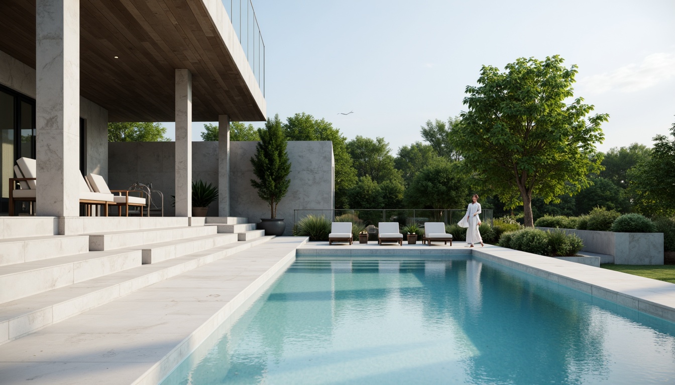 Prompt: Minimalist swimming pool, rectangular shape, clean lines, simple coping, white marble decking, gray concrete walls, transparent glass fencing, sleek stainless steel handrails, modern ladders, subtle LED lighting, calm water surface, soft natural stone flooring, serene outdoor surroundings, lush greenery, sunny day, shallow depth of field, 3/4 composition, realistic textures, ambient occlusion.