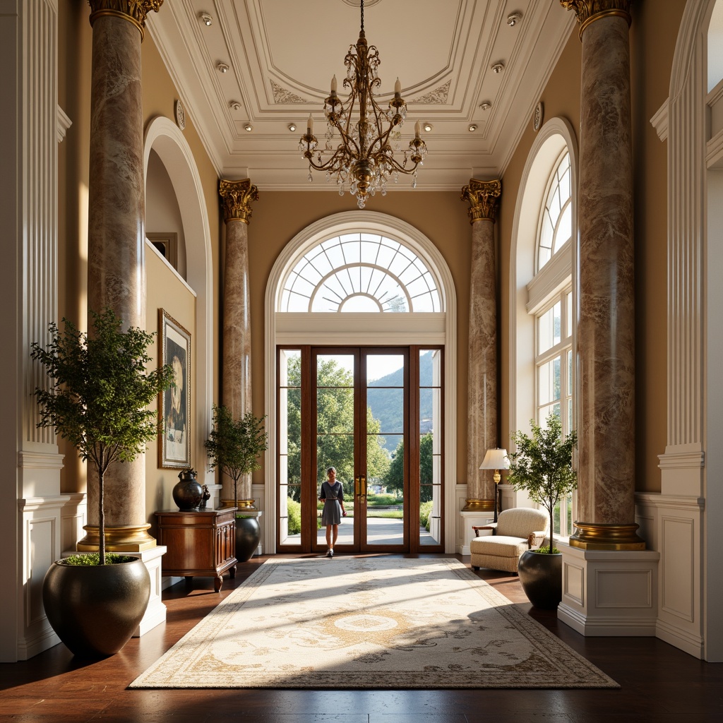 Prompt: \Elegant neoclassical mansion, grand entrance hall, marble columns, ornate chandeliers, intricate moldings, rich velvet fabrics, luxurious silk textiles, warm beige walls, creamy white ceilings, polished dark wood floors, gilded accents, subtle patterned rugs, soft natural lighting, 1/1 composition, shallow depth of field, realistic textures, ambient occlusion.\