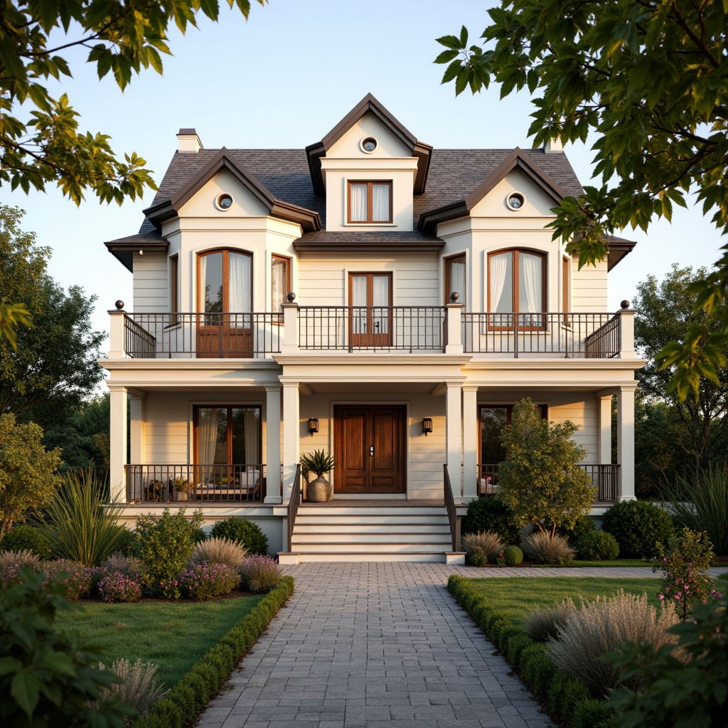 Prompt: Cream-colored Victorian mansion, ornate architectural details, soft warm lighting, lush greenery, blooming flowers, delicate ironwork, elegant balconies, intricate wooden doors, ornamental facades, subtle texture, shallow depth of field, 1/2 composition, realistic render, ambient occlusion.