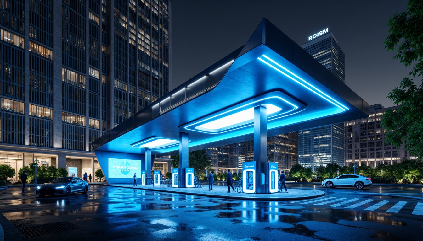 Prompt: Futuristic charging station, neon-lit pillars, sleek metallic surfaces, glowing blue accents, LED strips, modern angular architecture, minimalist design, high-gloss finishes, electric vehicle charging points, digital display screens, futuristic typography, dynamic lighting effects, urban cityscape background, night scene ambiance, shallow depth of field, 3/4 composition, panoramic view, realistic reflections, ambient occlusion.