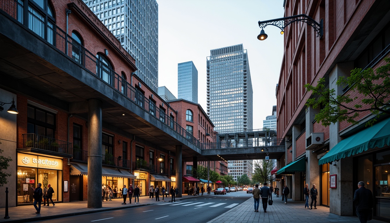 Prompt: Urban cityscape, brutalist architecture, geometric shapes, industrial materials, metal bridges, cantilevered structures, bold color accents, abstract patterns, modern urban planning, pedestrian walkways, vibrant street art, eclectic mix of old and new buildings, dramatic lighting effects, low-angle shot, 1/2 composition, cinematic mood, gritty textures, ambient occlusion.