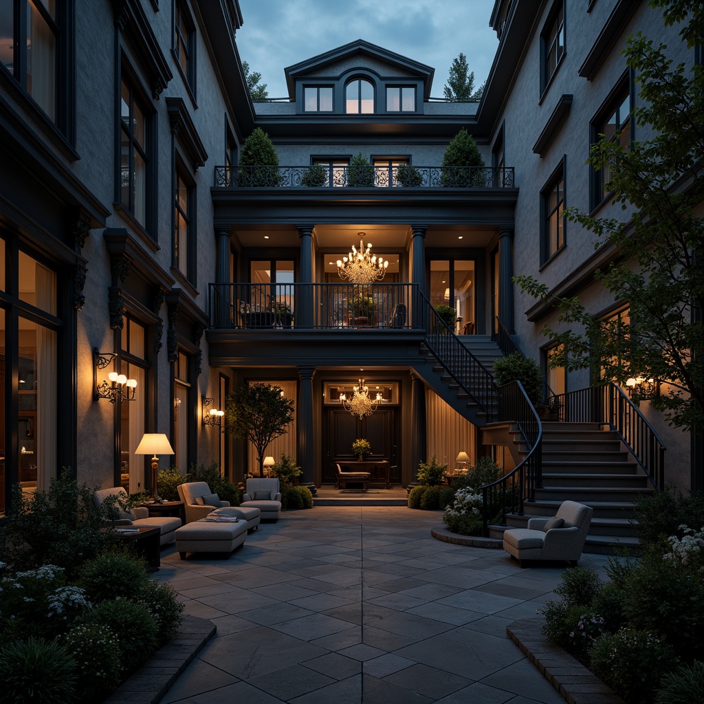 Prompt: Luxurious dark gray mansion, elegant facade, ornate iron gates, grand entrance hall, sweeping staircases, lavish chandeliers, rich wood paneling, velvet drapes, sophisticated furniture, subtle gold accents, mysterious twilight atmosphere, soft box lighting, 1/1 composition, cinematic mood, high-contrast shadows, detailed textures, atmospheric fog.