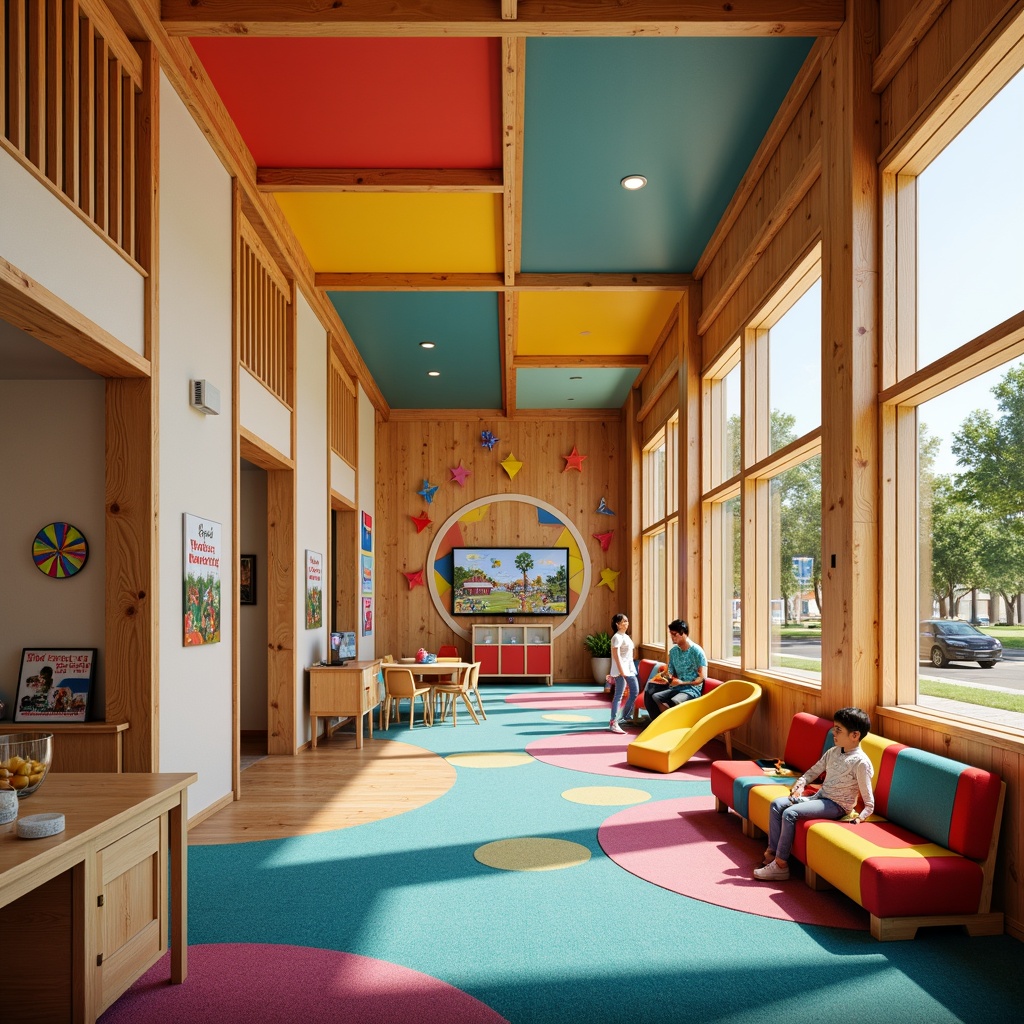 Prompt: Vibrant kindergarten building, structuralist architecture style, bright primary colors, bold shapes, playful patterns, wooden accents, colorful murals, educational signage, interactive exhibits, soft carpeted floors, cozy reading nooks, natural light-filled classrooms, circular windows, modern furniture designs, minimalist decor, fun textiles, whimsical wall art, cheerful playground equipment, safe rubber flooring, sunny day, warm gentle lighting, shallow depth of field, 1/1 composition, realistic textures, ambient occlusion.