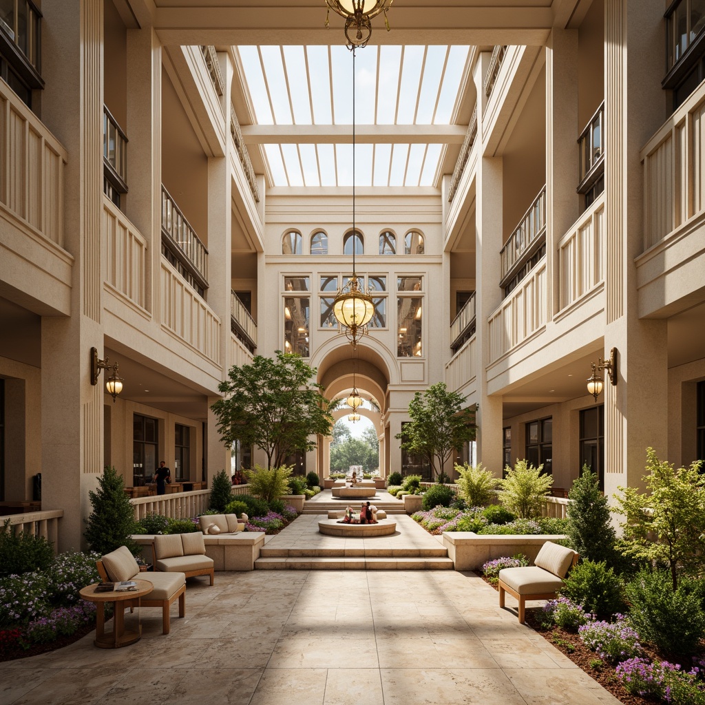 Prompt: Grandiose healthcare center, symmetrical facade, Corinthian columns, ornate details, marble flooring, high ceilings, grand staircase, elegant chandeliers, natural stone walls, luxurious furnishings, warm beige color scheme, soft warm lighting, shallow depth of field, 1/1 composition, panoramic view, realistic textures, ambient occlusion, serene courtyard, lush greenery, vibrant flowers, water features, walking paths, calming atmosphere.