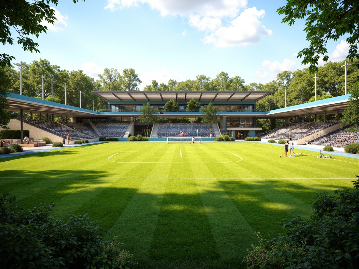 Prompt: Grass sports field, stadium seating, athletic tracks, soccer goals, tennis courts, baseball diamonds, natural grass turf, vibrant greenery, surrounding trees, open skies, sunny day, warm ambient lighting, soft shadows, 1/1 composition, symmetrical architecture, modern steel structures, cantilevered roofs, clerestory windows, skylights, translucent panels, reflective surfaces, minimal obstructions, unobstructed views, panoramic sightlines, realistic textures, ambient occlusion.Let me know if you need any adjustments!