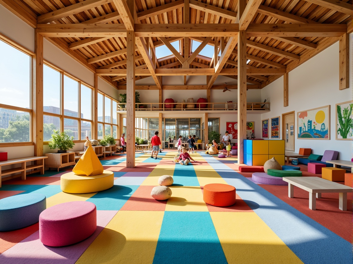 Prompt: Vibrant kindergarten, colorful textile blocks, playful geometry shapes, wooden structural frames, open airy spaces, natural light filtering, educational signage, interactive play equipment, soft cushioned floors, circular tables, tiny chairs, creative art corners, whimsical murals, bold black lines, bright primary colors, sunny warm atmosphere, shallow depth of field, 1/1 composition, symmetrical balance, realistic textures, ambient occlusion.