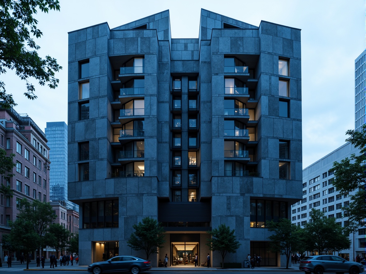 Prompt: Monumental navy blue brutalist building, rugged concrete textures, fortress-like facade, geometric patterned windows, cantilevered upper floors, industrial metal accents, raw unfinished surfaces, urban cityscape backdrop, overcast skies, dramatic shadowing, high-contrast lighting, bold architectural forms, functional minimalist aesthetic, 1/2 composition, low-angle shot, cinematic atmosphere, gritty realistic rendering.