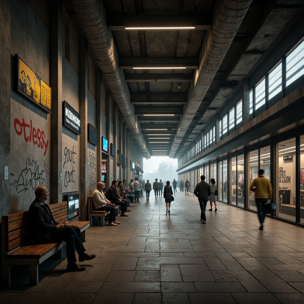 Prompt: \Raw concrete walls, exposed ductwork, industrial metal beams, worn stone flooring, dimly lit platforms, muted color palette, cold harsh lighting, brutalist architectural style, urban metro atmosphere, busy commuter crowds, modern cityscape views, abstract graffiti art, distressed textures, rough-hewn wooden benches, functional signage, industrial-style clocks, atmospheric fog, shallow depth of field, 2/3 composition, realistic rendering, ambient occlusion.\