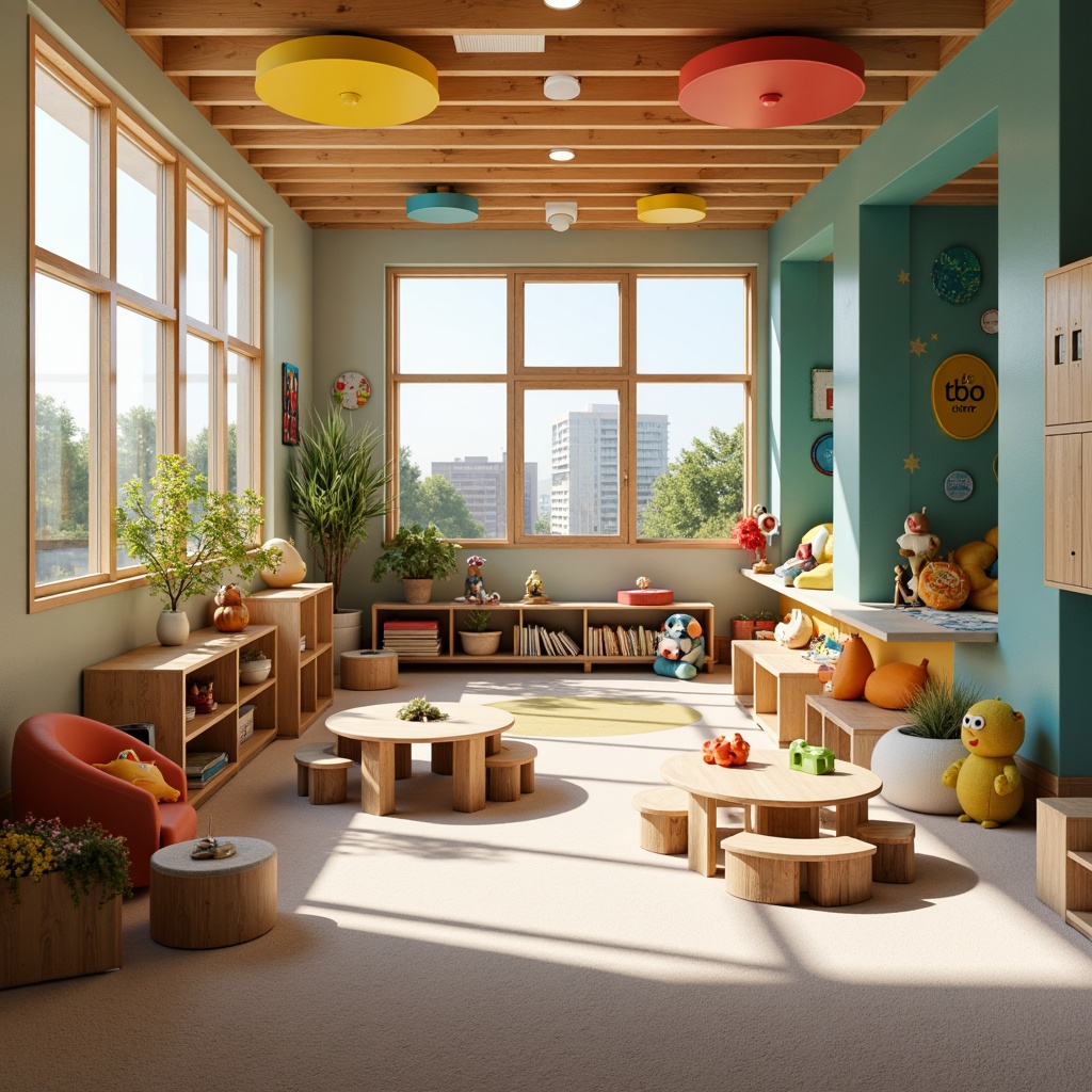 Prompt: Vibrant kindergarten, playful structuralism style, bold color blocks, geometric shapes, abstract patterns, educational signage, wooden building blocks, creative play areas, cozy reading nooks, circular tables, tiny chairs, soft carpet flooring, natural light, airy atmosphere, minimalist decor, modernist furniture, whimsical artwork, joyful murals, blooming plants, sunny day, warm lighting, shallow depth of field, 1/1 composition, symmetrical view, realistic textures, ambient occlusion.