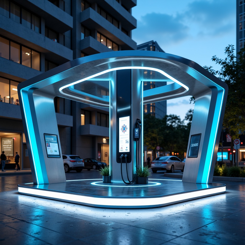 Prompt: Neon-lit futuristic charging station, metallic silver surfaces, glowing blue accents, sleek black lines, high-gloss white floors, LED light strips, minimalist design, modern angular architecture, urban cityscape, evening ambient lighting, shallow depth of field, 1/1 composition, realistic reflections, ambient occlusion.