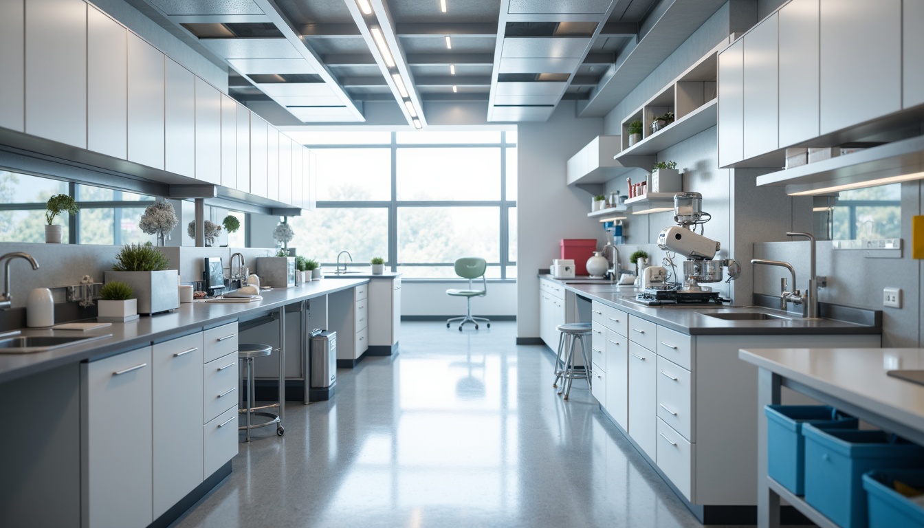 Prompt: Modern laboratory, sterile equipment, neutral color tones, calming whites, soothing grays, accentuated blues, energizing yellows, bold reds, high-gloss surfaces, sleek metal accents, minimalist design, ample natural light, indirect overhead lighting, 1/2 composition, shallow depth of field, realistic textures, ambient occlusion.