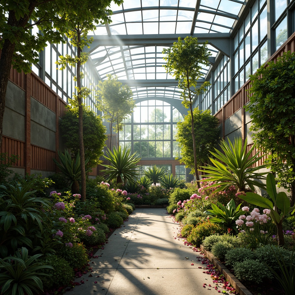 Prompt: Vibrant greenhouse, lush tropical plants, natural light pouring in, curved glass roofs, steel frames, organic shapes, irregular lines, bold color contrasts, textured concrete walls, reclaimed wood accents, misty atmosphere, soft warm glow, shallow depth of field, 1/1 composition, intimate framing, dramatic shadows, vivid greenery, blooming flowers, sunny day, ambient occlusion.