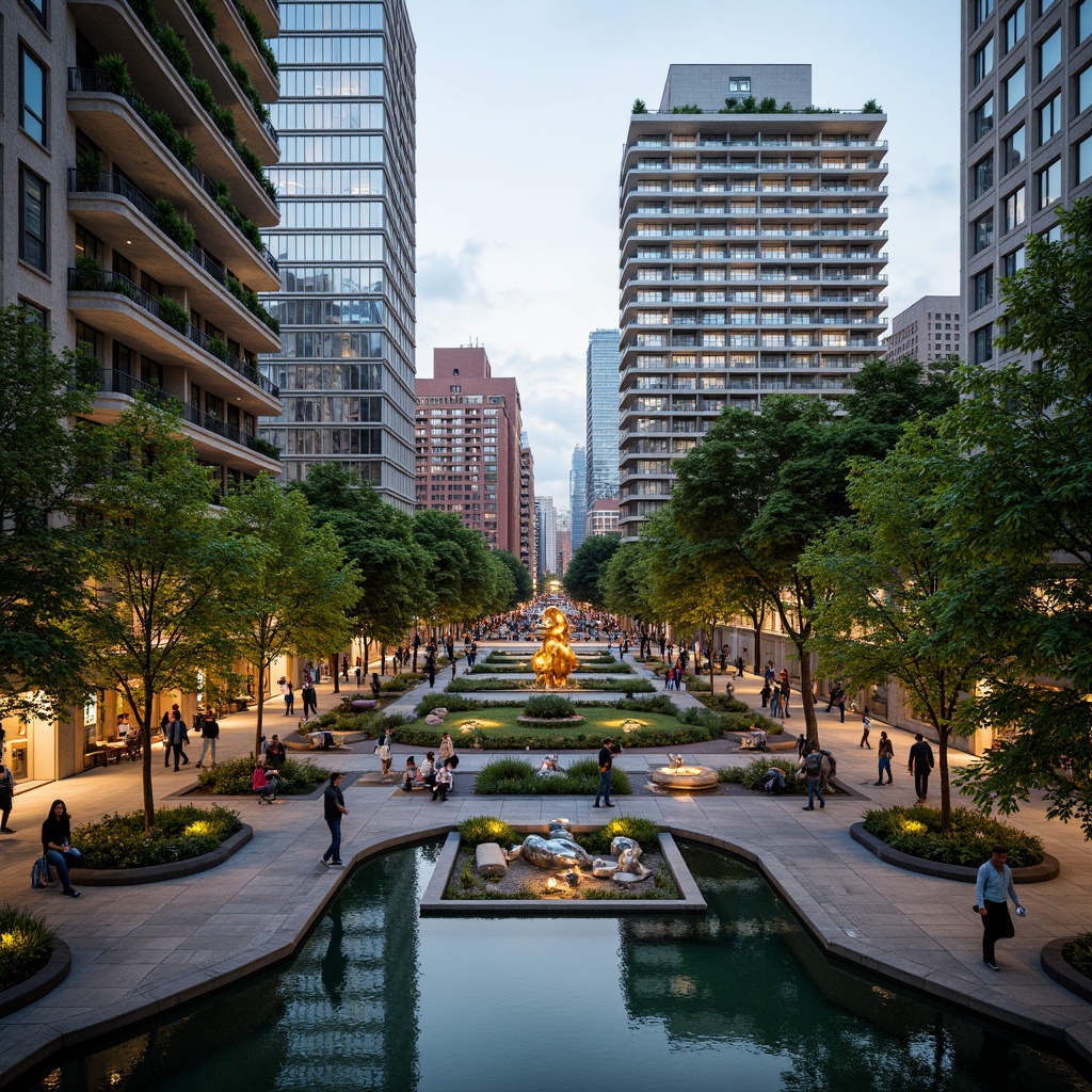 Prompt: Vibrant cityscape, lush green roofs, vertical gardens, modern skyscrapers, bustling streets, pedestrian walkways, urban parks, serene water features, artistic sculptures, public art installations, eclectic street furniture, dynamic lighting systems, warm evening ambiance, shallow depth of field, 1/1 composition, panoramic view, realistic textures, ambient occlusion.