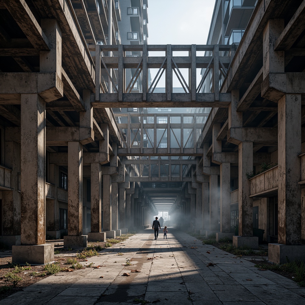 Prompt: Rugged steel beams, sturdy concrete foundations, reinforced pillars, robust arches, intricately designed trusses, cantilevered roofs, angular supports, modern brutalist architecture, industrial aesthetic, weathered metal exteriors, rough-hewn stone walls, dramatic lighting accents, high-contrast shadows, cinematic composition, low-angle shot, atmospheric misting effects.