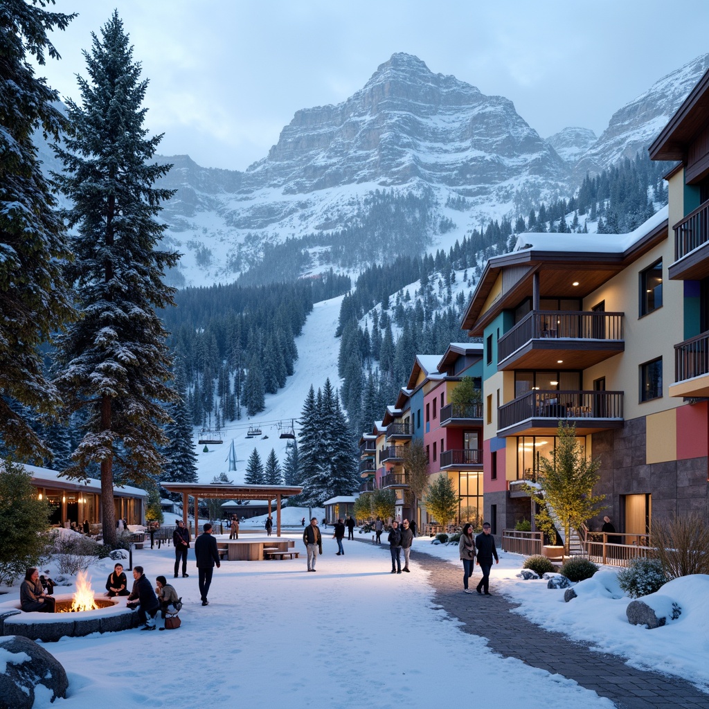 Prompt: Snow-capped mountains, frosty pine trees, frozen lake, ski lifts, snowboard ramps, rustic wooden lodges, eclectic mix of modern and traditional architecture, vibrant colorful facades, irregular shapes, asymmetrical roofs, patchwork patterns, mismatched windows, distressed wood textures, warm cozy lighting, fire pit gatherings, snowy terrain, frozen waterfalls, misty atmospheric effects, 1/2 composition, dramatic low-angle shots, cinematic depth of field.