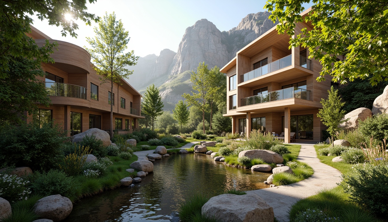 Prompt: Harmonious landscape integration, blending modern architecture, natural surroundings, lush greenery, winding water features, rustic stone walls, wooden accents, earthy tones, organic curves, cantilevered structures, overhanging roofs, expansive glass windows, seamless transitions, biophilic design, sustainable materials, native plant species, meandering pathways, scenic lookout points, warm afternoon sunlight, soft misty atmosphere, 1/2 composition, aerial perspective, vibrant color palette.