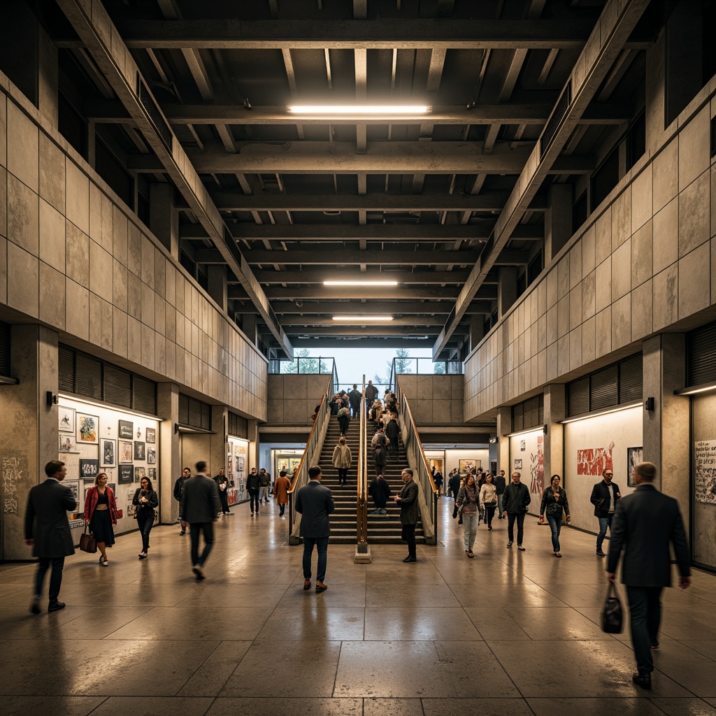 Prompt: Urban metro station, brutalist architecture, exposed concrete walls, rough texture, industrial pipes, modern lighting fixtures, sleek steel beams, grand staircase, bustling atmosphere, rush hour crowds, vibrant city life, warm color palette, softbox lighting, shallow depth of field, 2/3 composition, realistic render, ambient occlusion.