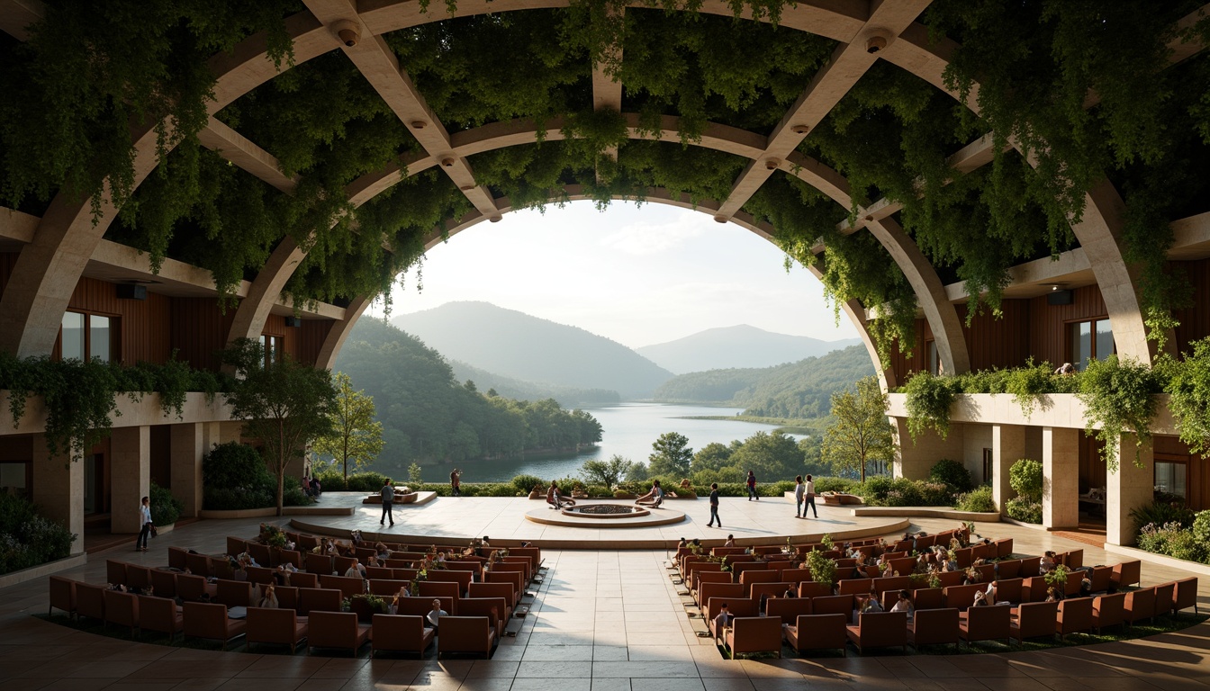 Prompt: Grand auditorium, sweeping curves, lush green walls, natural stone floors, wooden accents, floor-to-ceiling windows, panoramic views, rolling hills, serene lakeside, surrounding forest, misty morning, soft warm lighting, shallow depth of field, 3/4 composition, realistic textures, ambient occlusion, organic shapes, blending boundaries, seamless transitions, acoustic panels, state-of-the-art sound systems, comfortable seating, intimate atmosphere.