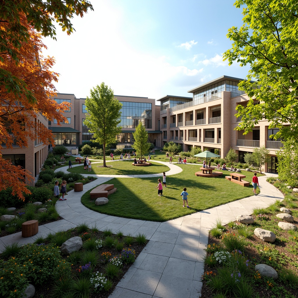 Prompt: Vibrant elementary school playground, lush greenery, colorful flowers, natural stone walkways, wooden benches, educational signage, modern architecture, large windows, sliding glass doors, blooming trees, sunny day, soft warm lighting, shallow depth of field, 3/4 composition, panoramic view, realistic textures, ambient occlusion, integrated rainwater harvesting systems, eco-friendly materials, innovative cooling technologies, shaded outdoor learning spaces, interactive play equipment, sensory gardens, butterfly habitats, birdhouses, fruit trees, vegetable gardens, outdoor classrooms, nature-based learning environments.