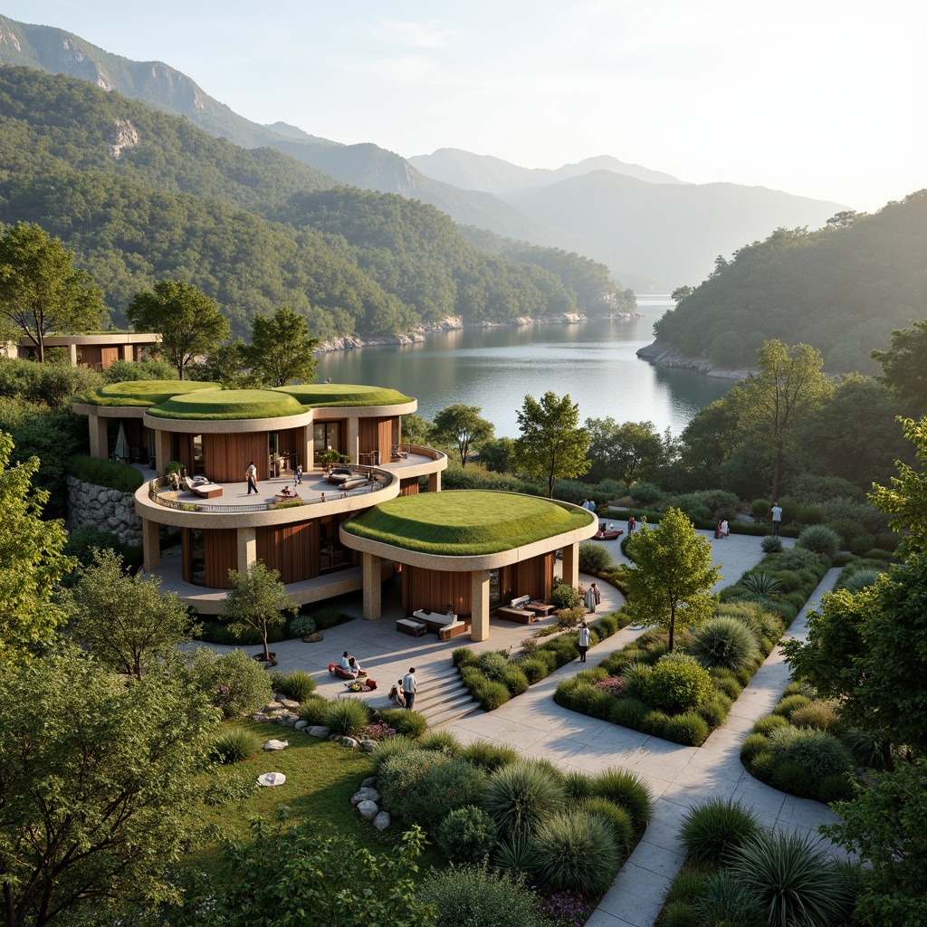 Prompt: Sustainable eco-friendly buildings, organic curved lines, lush green roofs, natural stone walls, wooden accents, seamless transitions, harmonious blend, surrounding landscape, rolling hills, serene lakeside, misty morning, warm soft lighting, shallow depth of field, 1/1 composition, symmetrical balance, realistic textures, ambient occlusion, vibrant floral patterns, subtle earth tones.