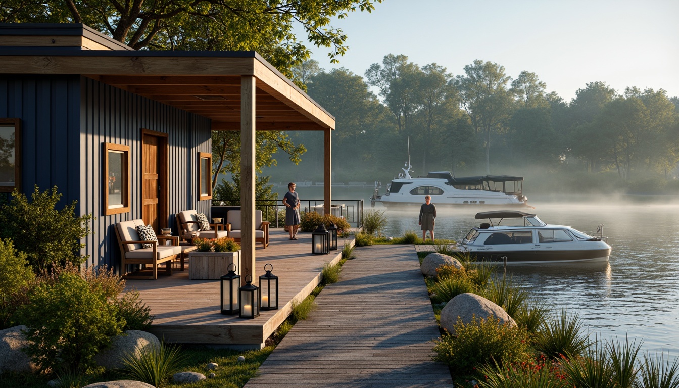 Prompt: Cozy boathouse, wooden docks, serene lake views, lush greenery, vibrant flowers, outdoor furniture, nautical decorations, ropes and anchors, lanterns, warm lighting, shallow depth of field, 1/1 composition, panoramic view, realistic textures, ambient occlusion, tranquil atmosphere, misty morning, soft warm sunlight, gentle water ripples, natural stone pathways, wooden planks, sailboat-inspired design, navy blue and white color scheme, comfortable seating areas, outdoor kitchens, BBQ stations.