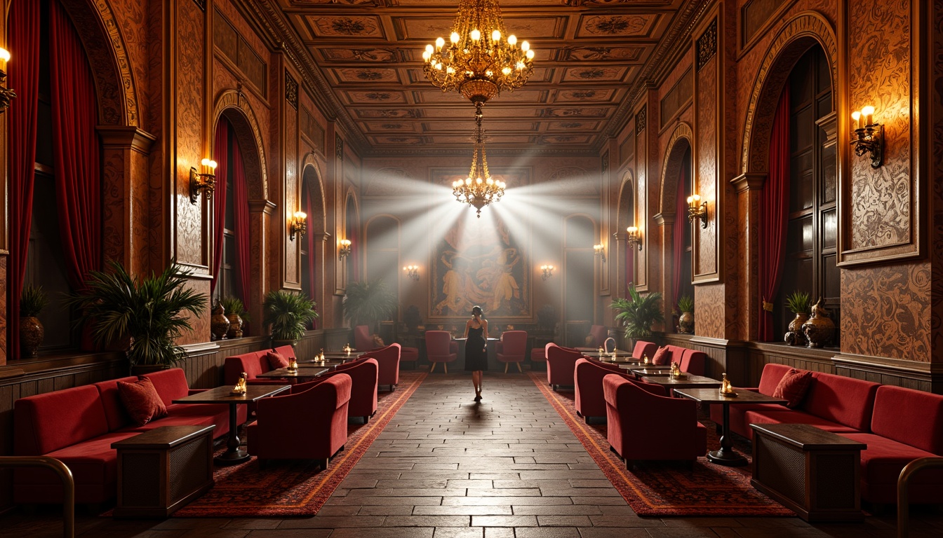 Prompt: Opulent nightclub interior, intricately patterned mosaics, golden accents, lavish drapery, velvety red walls, ornate chandeliers, Byzantine-inspired arches, grandiose columns, polished marble floors, luxurious velvet couches, richly embroidered tapestries, gilded frescoes, dramatic spotlights, mystical ambiance, warm candlelight, atmospheric fog, 3/4 composition, shallow depth of field, cinematic lighting, realistic reflections.