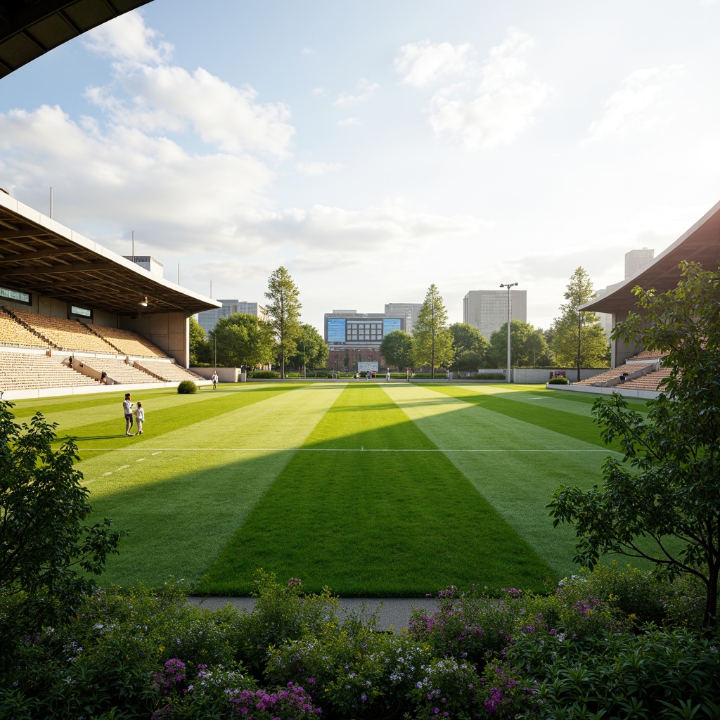 Prompt: Natural grass fields, organic soil amendments, recycled rubber shock pads, eco-friendly artificial turf, sustainable drainage systems, rainwater harvesting, permeable pavements, solar-powered lighting, energy-efficient scoreboard displays, minimalist stadium design, curved lines, vibrant greenery, blooming flowers, sunny day, soft warm lighting, shallow depth of field, 3/4 composition, panoramic view, realistic textures, ambient occlusion.