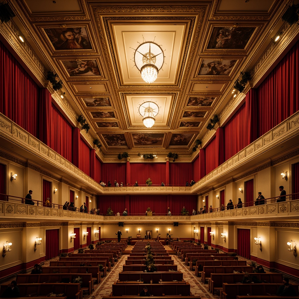 Prompt: \Elegant concert hall, ornate plaster ceilings, intricately carved wooden details, rich velvet curtains, gilded balconies, polished marble floors, grand chandeliers, warm golden lighting, precise sound diffusion, acoustic panels, absorptive materials, resonant frequency control, harmonious sound reflection, luxurious seating areas, intimate performance spaces, ornamental moldings, classical architectural elements, refined ambiance, soft natural light, 1/2 composition, shallow depth of field, realistic textures.\