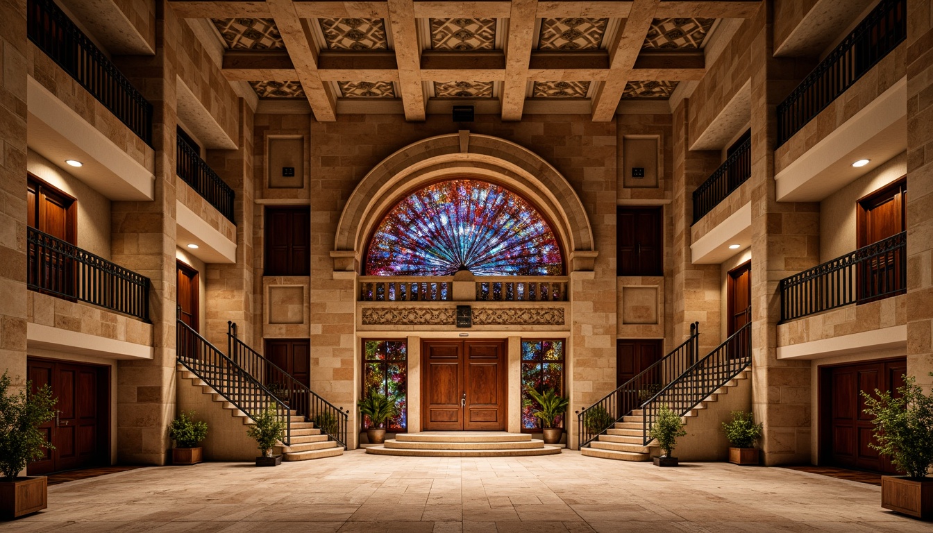 Prompt: Rustic auditorium facade, earthy tone stonework, curved arches, ornate wooden doors, stained glass windows, vibrant regional patterns, colorful tile mosaics, natural stone columns, grand entrance, sweeping staircases, warm ambient lighting, shallow depth of field, 2/3 composition, symmetrical architecture, cultural heritage inspiration, ornamental metalwork, rich textiles, intricate carvings, rustic charm, Mediterranean climate influence.