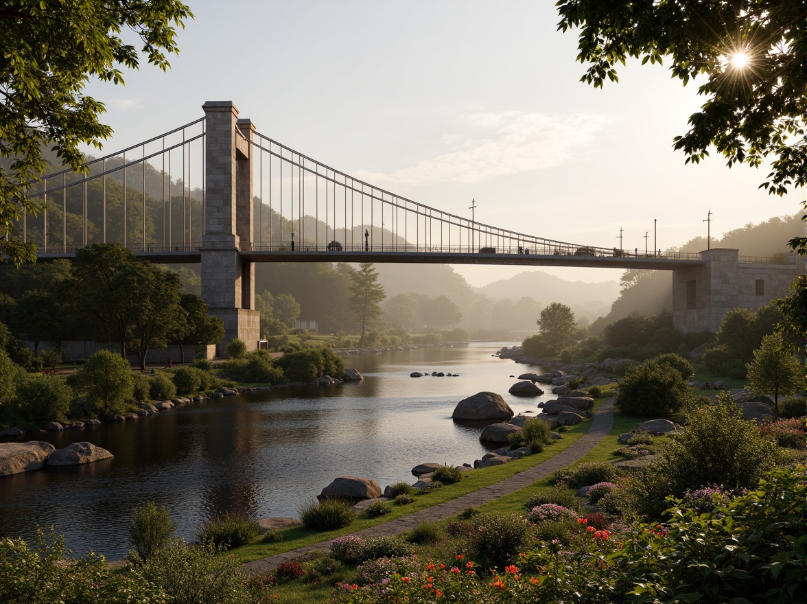 Prompt: Majestic suspension bridge, steel arches, rugged stone piers, lush greenery, vibrant flowers, meandering river, serene water reflections, misty atmosphere, warm golden lighting, shallow depth of field, 3/4 composition, panoramic view, realistic textures, ambient occlusion, natural stone walkways, scenic lookout points, benches, educational signs, innovative drainage systems, sustainable materials, eco-friendly construction methods, organic curves, fluid dynamics-inspired design.