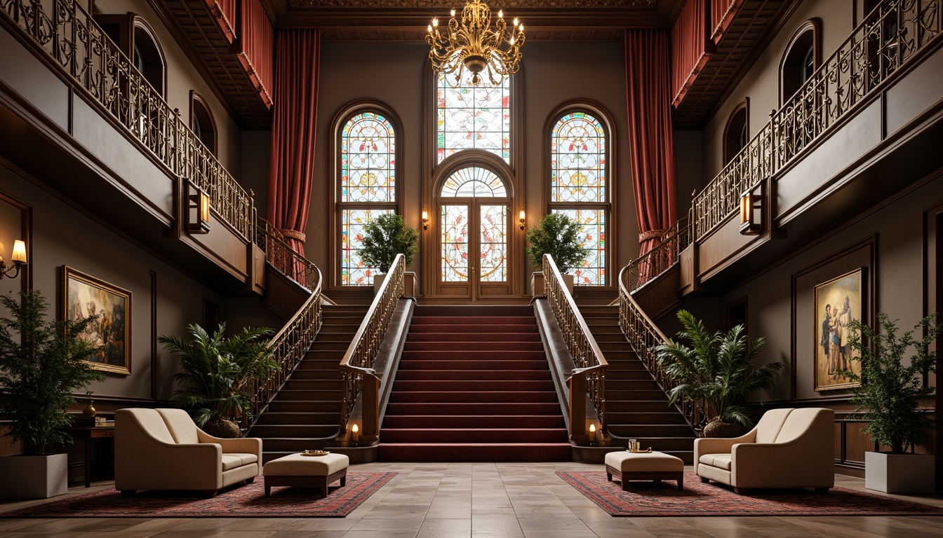 Prompt: Intricate ironwork, sinuous lines, flowing curves, organic forms, botanical motifs, stained glass windows, ornate wooden doors, grand staircases, elegant balustrades, lavish furnishings, velvet drapes, polished marble floors, luminous chandeliers, soft warm lighting, shallow depth of field, 3/4 composition, realistic textures, ambient occlusion.