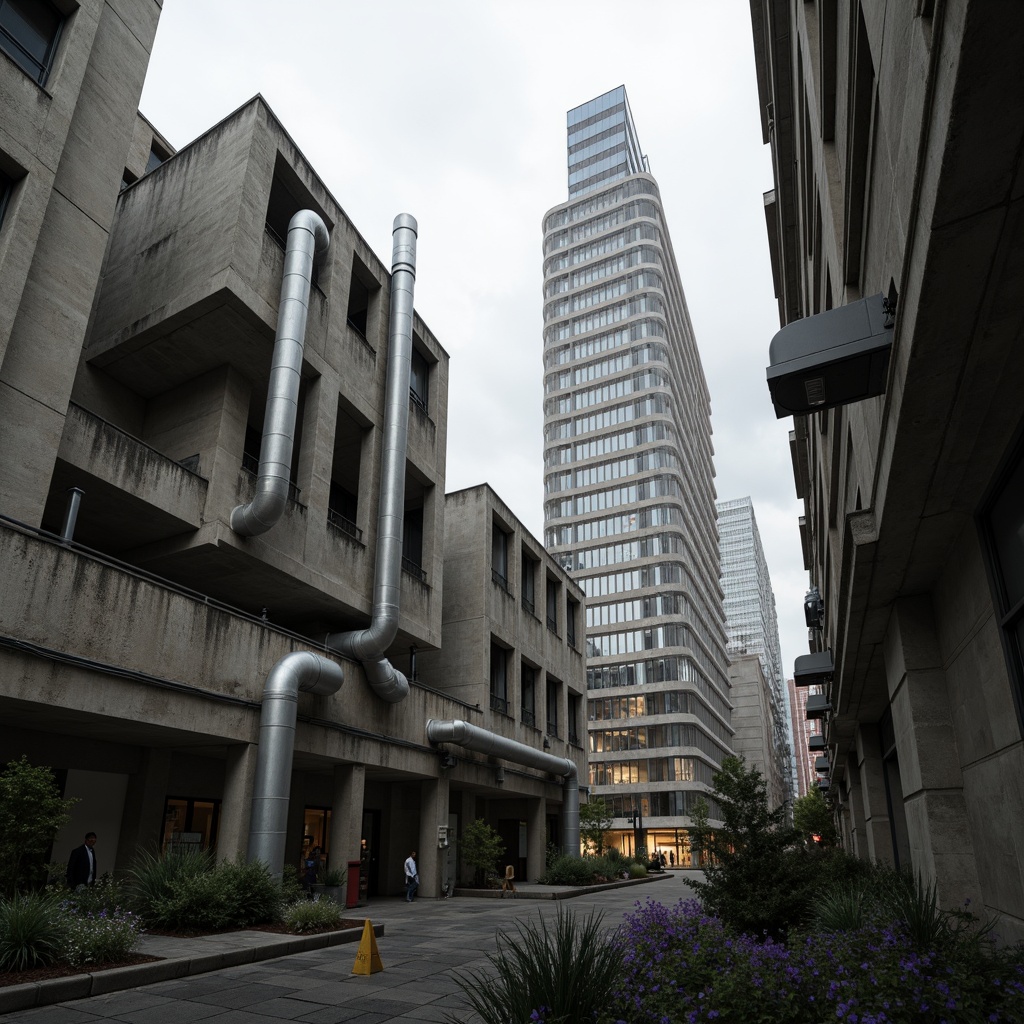 Prompt: Rugged concrete structures, exposed ductwork, industrial pipes, raw unfinished surfaces, bold geometric shapes, fortress-like buildings, monumental scale, urban landscape, overcast sky, dramatic shadows, high-contrast lighting, 3/4 composition, wide-angle lens, gritty textures, ambient occlusion.