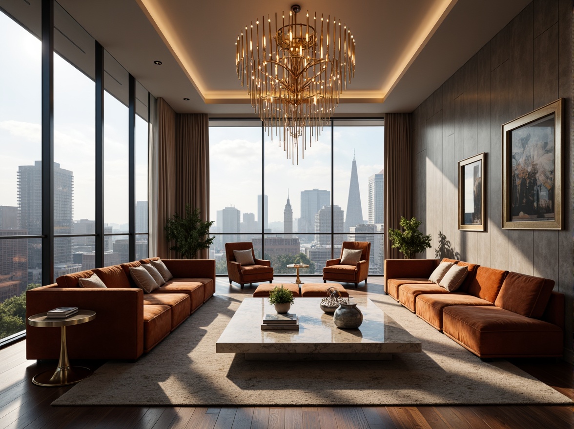 Prompt: Luxurious living room, elegant furniture, velvet sofas, marble coffee tables, modern chandeliers, floor-to-ceiling windows, city skyline views, soft warm lighting, shallow depth of field, 3/4 composition, panoramic view, realistic textures, ambient occlusion, spacious open-plan layout, minimalist decor, sleek lines, high ceilings, polished wooden floors, sophisticated color palette, plush area rugs, modern artwork, ornate mirrors, stylish vases, tranquil ambiance.