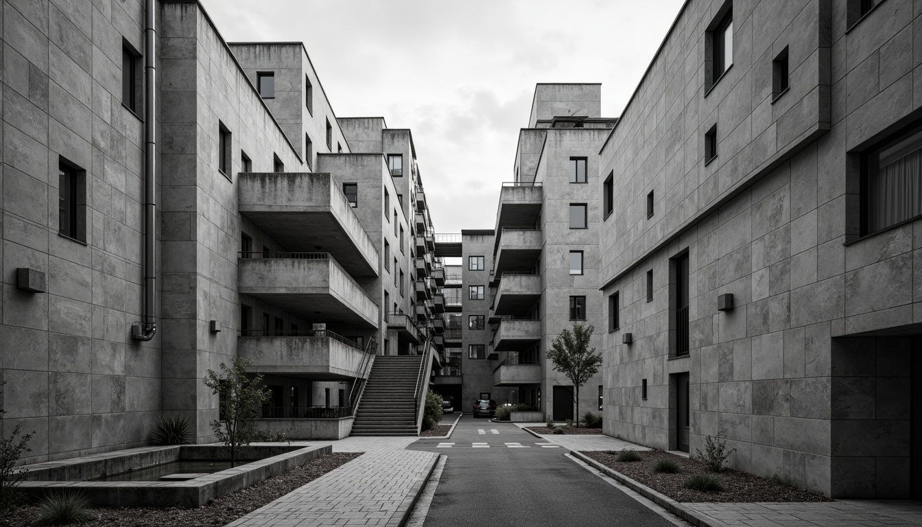 Prompt: Monochromatic brutalist architecture, raw concrete textures, industrial pipes, exposed ductwork, minimal ornamentation, urban cityscape, overcast sky, dramatic color contrast, bold graphic forms, geometric shapes, rugged stone walls, metal beams, functional design, utilitarian aesthetic, high-contrast lighting, deep shadows, stark simplicity, cold tones, brutalist ideology, Le Corbusier-inspired, architectural photography, low-angle shot, dramatic composition, gritty urban atmosphere.