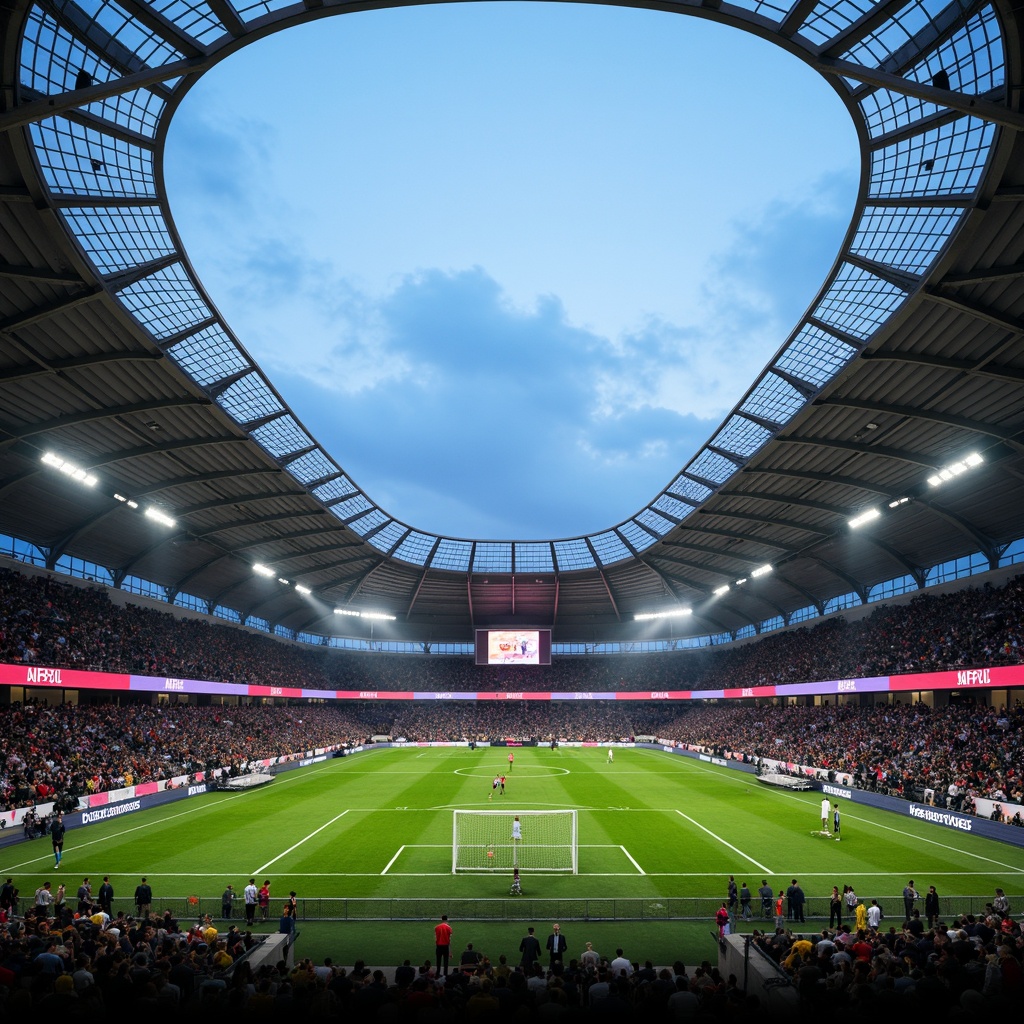 Prompt: \Soccer stadium, curved arches, sleek steel beams, cantilevered roofs, open-air design, lush green grass, vibrant team colors, scoreboard displays, floodlighting, evening atmosphere, misty effects, shallow depth of field, 1/1 composition, wide-angle lens, realistic textures, ambient occlusion.\